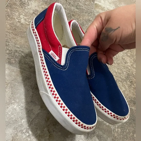 Vans Classic Slip-On | Red, White & Blue Checkerboard Trim Sneakers - Picture 2 of 7